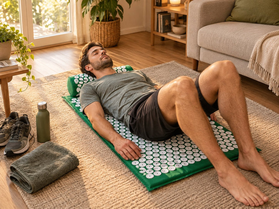 Homme allongé sur le tapis d'acupression Jade après le sport