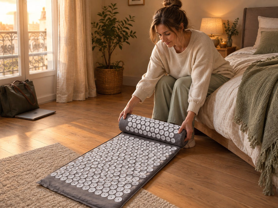 Femme déroulant le tapis d'acupression Galet en rentrant du travail