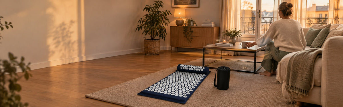 Salon le soir avec un tapis d'acupression déroulé au sol